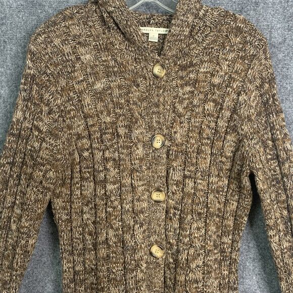 Carolyn Taylor Longline Hooded Button Cardigan Bulky Cable Patch Pockets Sz M - Picture 2 of 12